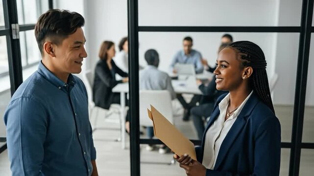 Young Asian man hands a manila folder to a professional African American businesswoman in a modern office setting during a business meeting.