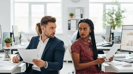 Young Caucasian businessman and African American businesswoman collaborating on financial reports and data analysis in a modern corporate office environment.