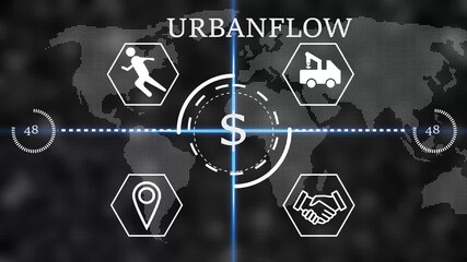 urbanflow Futuristic global business finance HUD interface with dollar sign in center, world map background and line icons for logistics, partnership, location and activity. Digital economy - Powered by Adobe