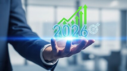 Closeup Businessman Hand holding virtual 06 with rising arrows and target icon, symbolizing new year business goals, strategic vision, future growth, success planning and performance improvement