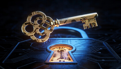a golden ornate key hovers above a glowing blue padlock with intricate circuit board details and digital patterns high quality professional