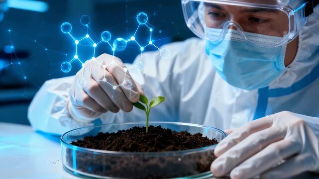 Scientist in protective gear examining a plant sprout in a petri dish with glowing molecular structures in a laboratory setting.