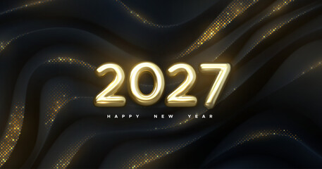 Golden numbers 2027 on black geometric background with glitters. Happy New 2027 Year. Vector holiday illustration. Festive event banner. Wavy topographic backdrop.