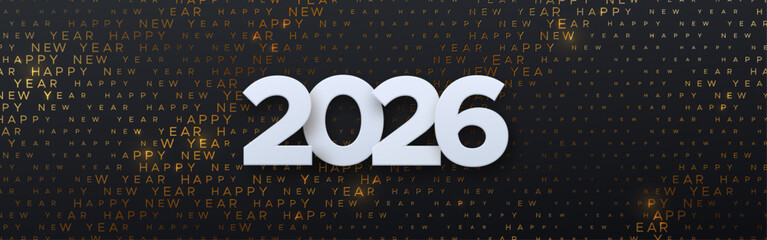 Happy New 2027 Year. Vector holiday illustration. Seasonal festive banner design. Black background with white 2027 numbers and typography halftone pattern. Greeting card or party invitation template