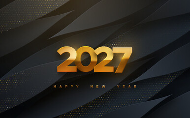 Happy New 2027 Year. Vector holiday illustration. Golden 2027 numbers on black background textured with shimmering glitters. Festive event banner. Modern cover design
