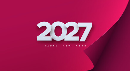 Happy New 2027 Year. Vector holiday illustration. White numbers on pink paper sheet background. Festive event banner. Decoration element for poster or cover design