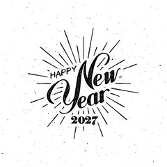 Happy 2027 New Year. Holiday Vector Illustration With Lettering Composition And Bursting Fireworks shape.