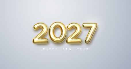 Happy New 2027 Year. Holiday vector illustration of golden metallic numbers 2027. Realistic 3d sign. Festive poster or banner design