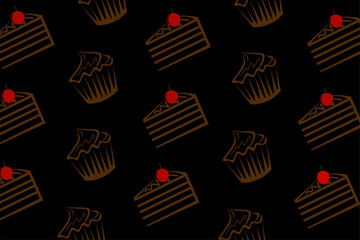 Cupcake and Cake Slice Seamless Pattern with Hand-Drawn Line Style for Bakery Packaging