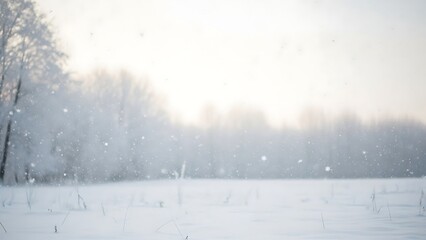 Vast winter landscape with snow-covered field, frosted trees, and falling snowflakes under a bright, diffused sky, capturing serene beauty of the cold season