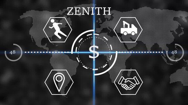 zenith Futuristic global business finance HUD interface with dollar sign in center, world map background and line icons for logistics, partnership, location and activity. Digital economy,