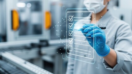 Quality control checklist concept with inspector marking virtual QA QC task list. Suitable for manufacturing, inspection, audit, production process, and compliance documentation themes