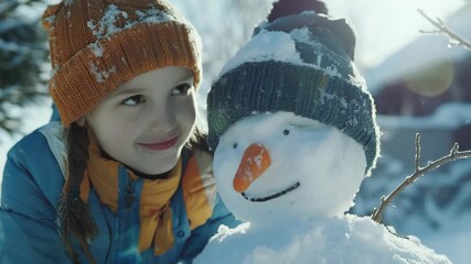 The joy of winter play is captured in the child's smiling face as they admire their freshly built snowman. The exudes warmth and innocence amidst the cold weather.