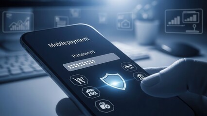 Secure mobile payment authentication with password protection and digital shield icon on smartphone. Online banking and e-commerce safety technology concept for cybersecurity and finance