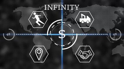 infinity Futuristic global business finance HUD interface with dollar sign in center, world map background and line icons for logistics, partnership, location and activity. Digital economy, - Powered by Adobe
