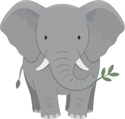 Fototapeta premium Cute gray cartoon elephant holding a green leafy branch.