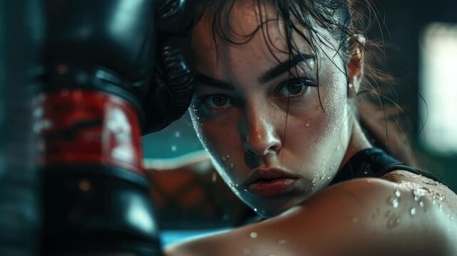A young female boxer is captured in a dynamic moment during a sparring session or training exercise. She's sweaty and focused with her hands up, showing intense concentration