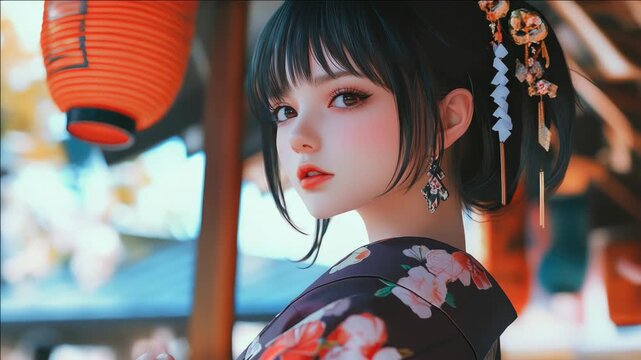 A young woman dressed in a beautiful Japanese yukata outfit adorned with kanzashi hair ornaments and flower patterned sleeves, looking off to the side.