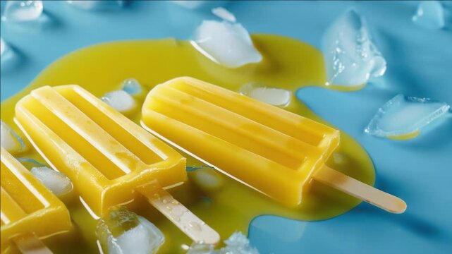 Three popsicles with vibrant yellow topping and bits of blue ice chips, sitting on a cooling surface. The popsicles are ready to be enjoyed by anyone looking for a refreshing treat