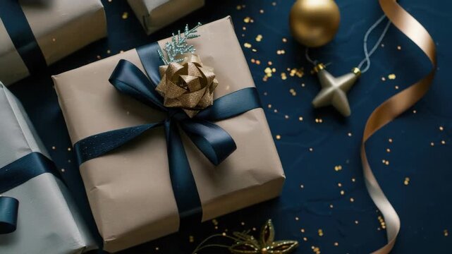 A festive holiday scene with gold confetti scattered around wrapped presents on a dark blue tablecloth.