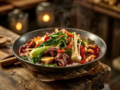 a steaming bowl of Mala Tang, showcasing its vibrant colors and textures with a rich broth made from chilies and pepper, and various fillings such as vegetables, meat, seafood, and noodles