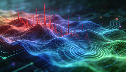 a vibrant digital landscape featuring flowing wave patterns and glowing vertical spikes creating a complex network visualization high quality professional detailed
