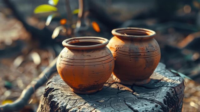Two vintage terracotta vases sitting atop a weathered log.