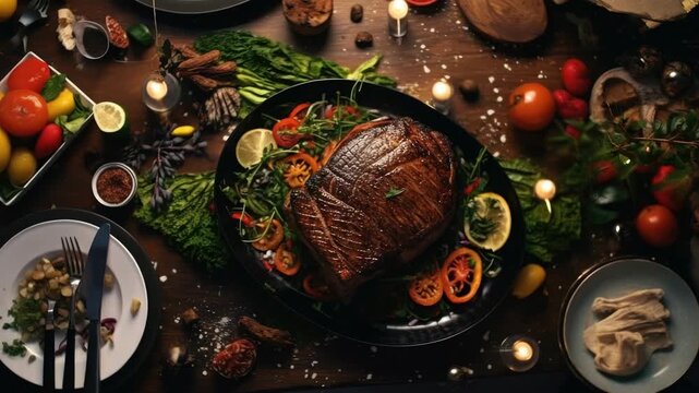 A lavish spread of foods on a wooden table with candles and vegetables.