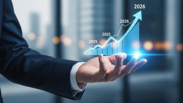 Closeup Businessman Hand holding graph and upward arrow from 05 to 06, representing data-driven business growth, strategic planning, performance forecast, annual success and financial improvement
