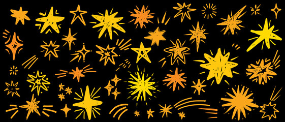 Scribble hand drawn stars set with pencil line texture on a black background