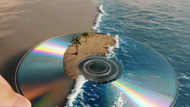 A CD-ROM holds a miniature island scene with palm trees