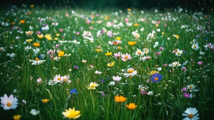 Colorful meadow with assorted wild flowers in full bloom.