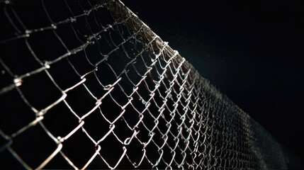 Metallic chain link fence, wet, dark background