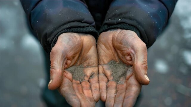 Close-up of person's hands with dirt on them holding soil mixed with leaves against the backdrop of nature