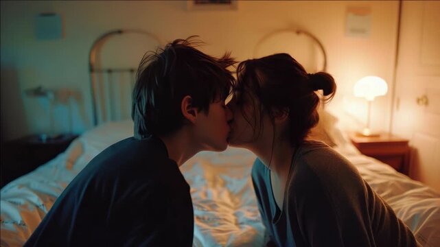 A young couple sharing a passionate kiss on bed.