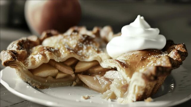 Close-up of freshly baked apple pie with golden crust and filling, resting on white plate.