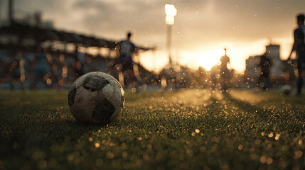 Wet soccer ball on field, sunset glow