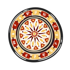 Moroccan decorative ceramic plate with radial geometric pattern, traditional zellige motifs and warm earthy colors. Cartoon doodle style, travel cultural element, vector illustration.