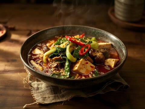 a steaming bowl of Mala Tang, showcasing its vibrant colors and textures with a rich broth made from chilies and pepper, and various fillings such as vegetables, meat, seafood, and noodles