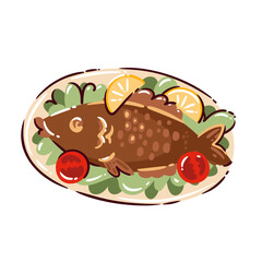 Greek fish dish with whole baked fish, lemon slices, tomatoes and lettuce on plate, Mediterranean cuisine symbol, cartoon doodle style, simple shapes, travel Greece food icon, vector illustration.