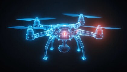 Futuristic Drone Illustration: Glowing Neon Blue Quadcopter with Camera and Propellers, Innovation, Technology