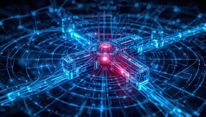 Futuristic Tech Network: A High-Tech Hub with Glowing Blue Connections and Red Light Core for Innovative Designs