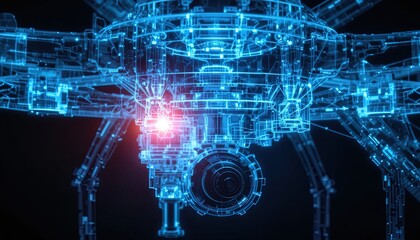 High-Tech Drone Blueprint Illustration in Cyan with Camera, Sensors, and Intricate Details on Black Background
