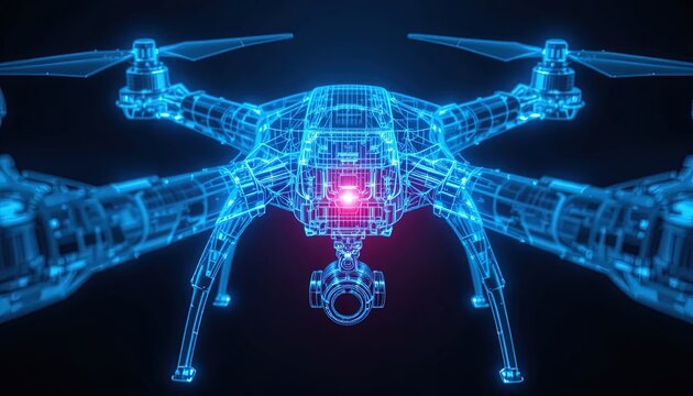 Wireframe Illustration of a Quadcopter Drone with Camera and Red Light against a Dark Background