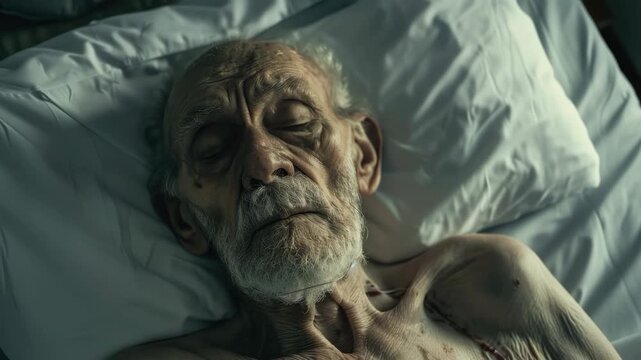 An aged, weary patient with closed eyes and wrinkles all over his face, lying on a white hospital bed, looking gravely ill.
