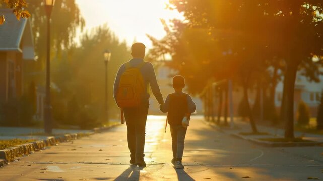 A heartwarming scene of a father and son enjoying a walk together with the sun setting in the background.