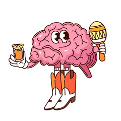 Funny brain in cowboy boots holding tequila shot and maraca, symbolizing party mood and alcohol influence. Groovy cartoon doodle sticker of unhealthy lifestyle, outline vector illustration.