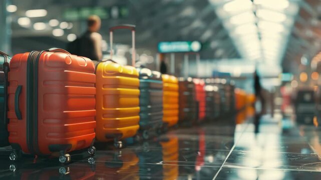 A row of colorful suitcases lined up at an airport carousel.