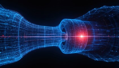 Futuristic Wireframe Abstract with Red Light Burst: Complex Network Visualization, Artificial Intelligence Concept