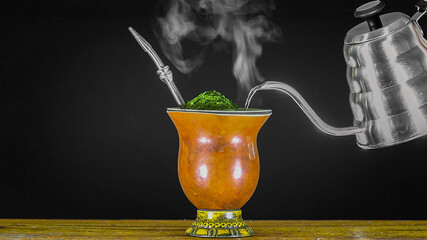 Steaming Yerba Mate preparation with hot water being poured from a kettle